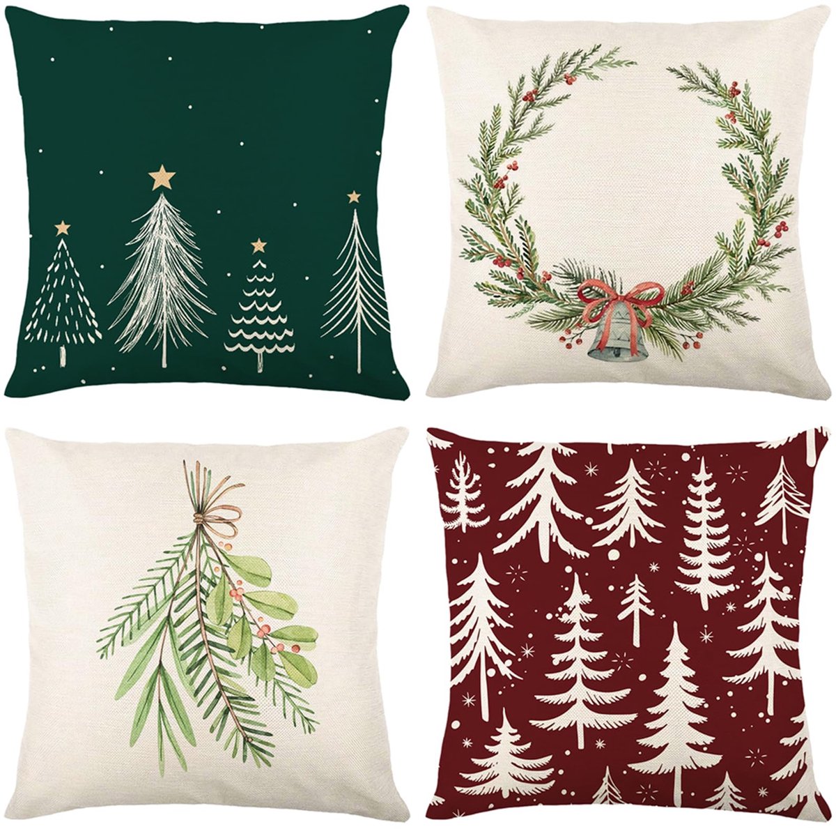 Unyqoos Set van vier linnenlook kussenslopen met kerstmotieven voor huis en auto Meerkleurig