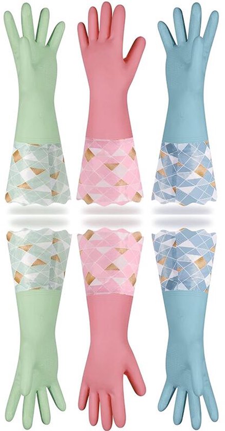 Gants de ménage - Lot de 3 paires - Gants ménagers - PVC - Antidérapants - Réutilisables - Gants de vaisselle - Gants de cuisine - Imperméables - Doublés - 42 cm - Rose/Vert/ Blauw