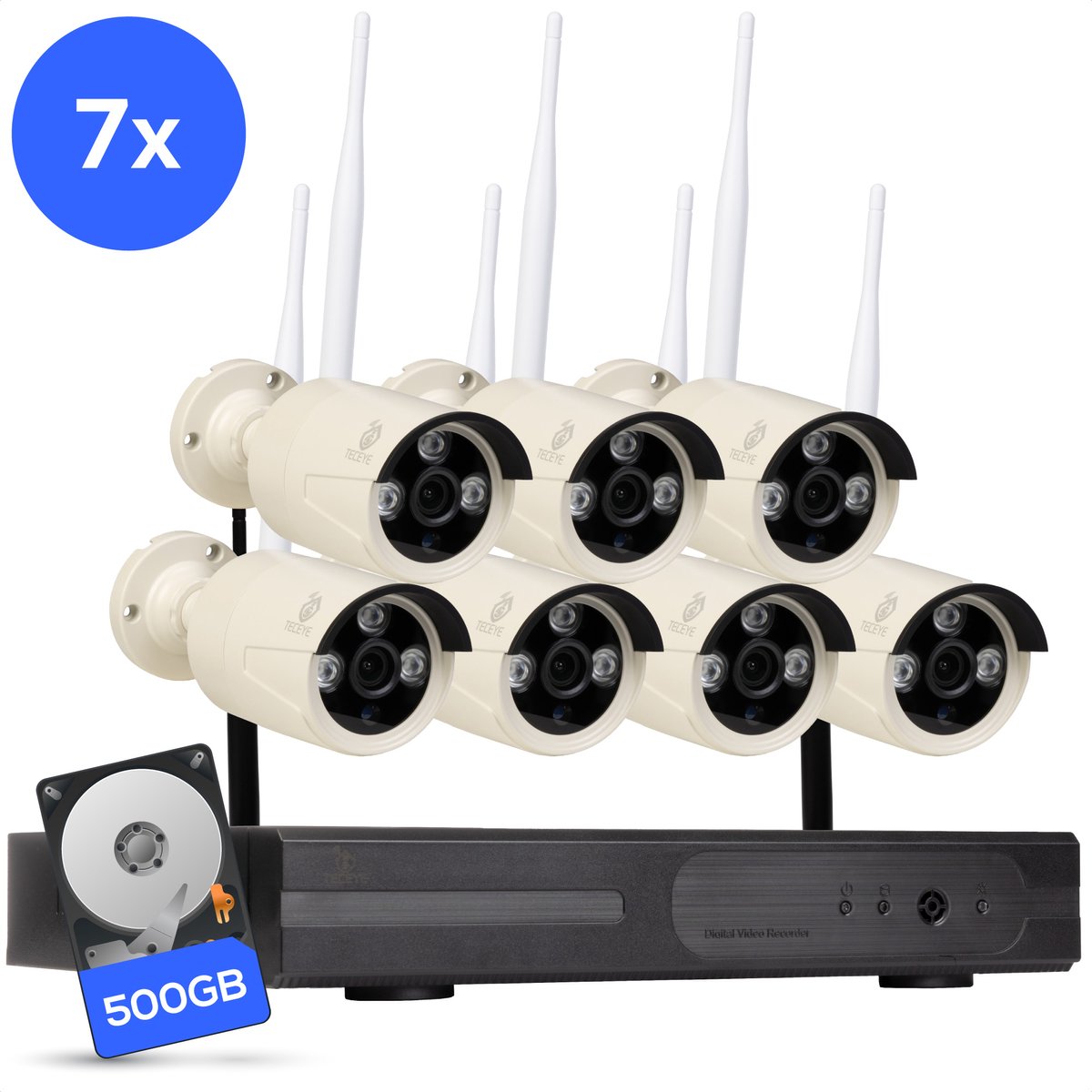 Teceye Bullet Beveiligingscamera Buiten met Recorder - Draadloze Buitencamera - 7 Camera - 500GB Opslag
