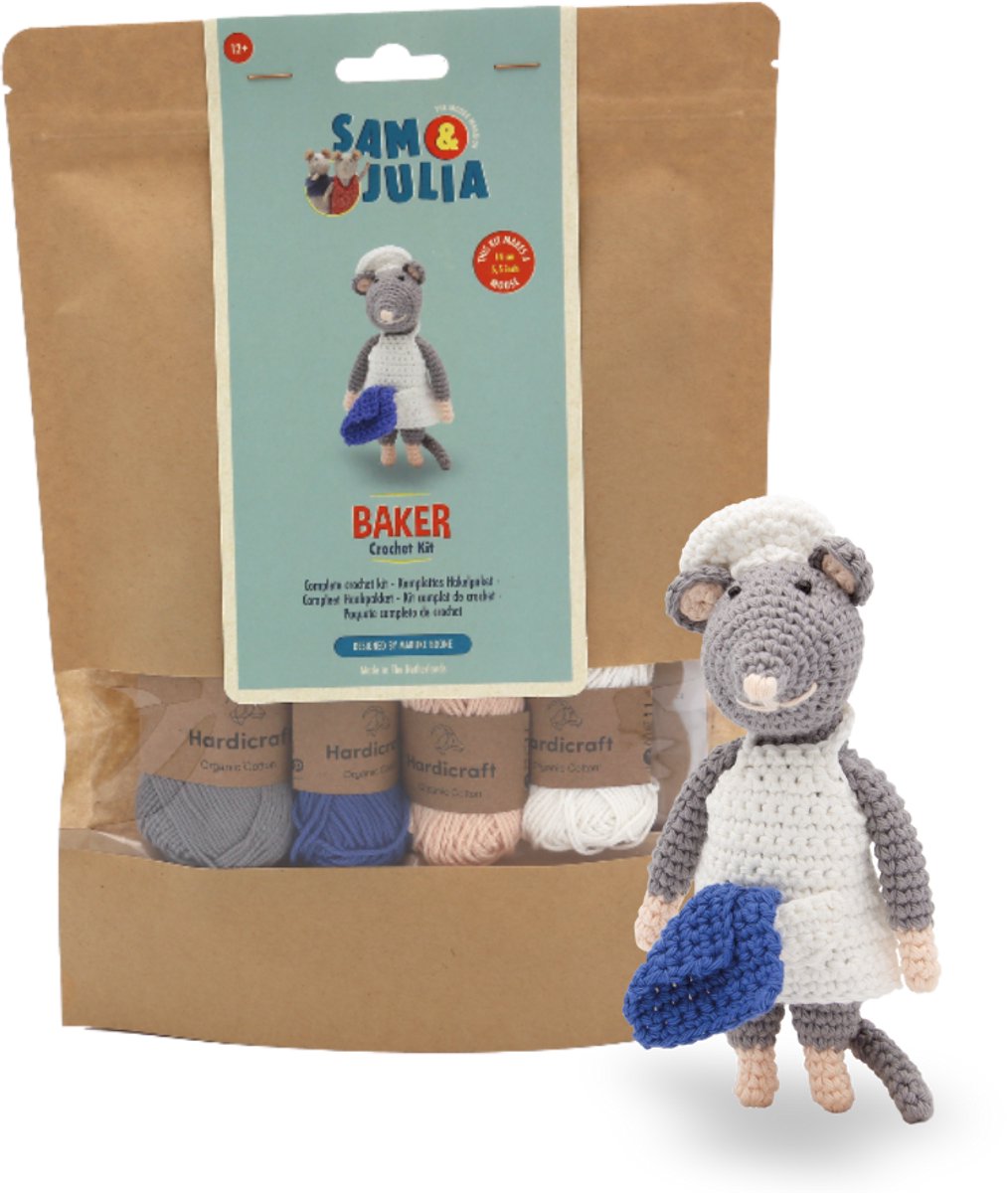 Sam & Julia - Haakpakket Bakker Muisje - 12 cm knuffelmuisje voor je Muizenhuis of poppenhuis