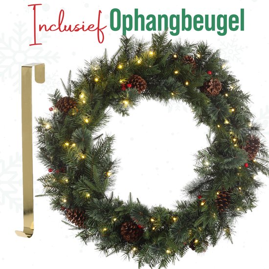 Meisterhome Kerstkrans van 90 cm - Inclusief Ophangbeugel en 70 Warmwitte LED's - Timer - Dennenappels - kerstkrans met verlichting - kerstkransen - kerstversiering