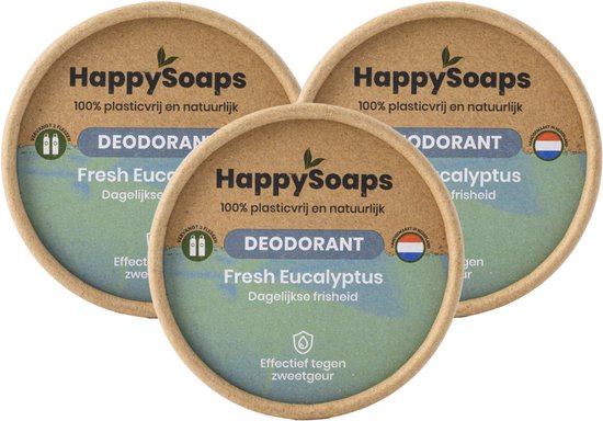 Drie HappySoaps deodoranten met "Fresh Eucalyptus" opdruk in een cirkelvormige verpakking.