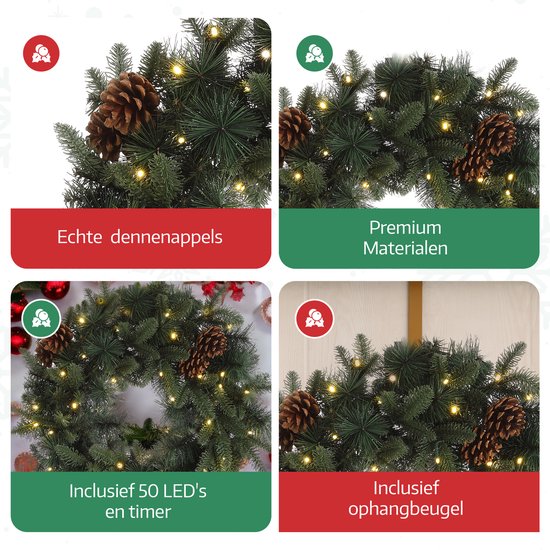 Meisterhome Kerstkrans van 60 cm - Inclusief Ophangbeugel en 50 Warmwitte LED's - Timer - Dennenappels - Kerstkrans met verlichting