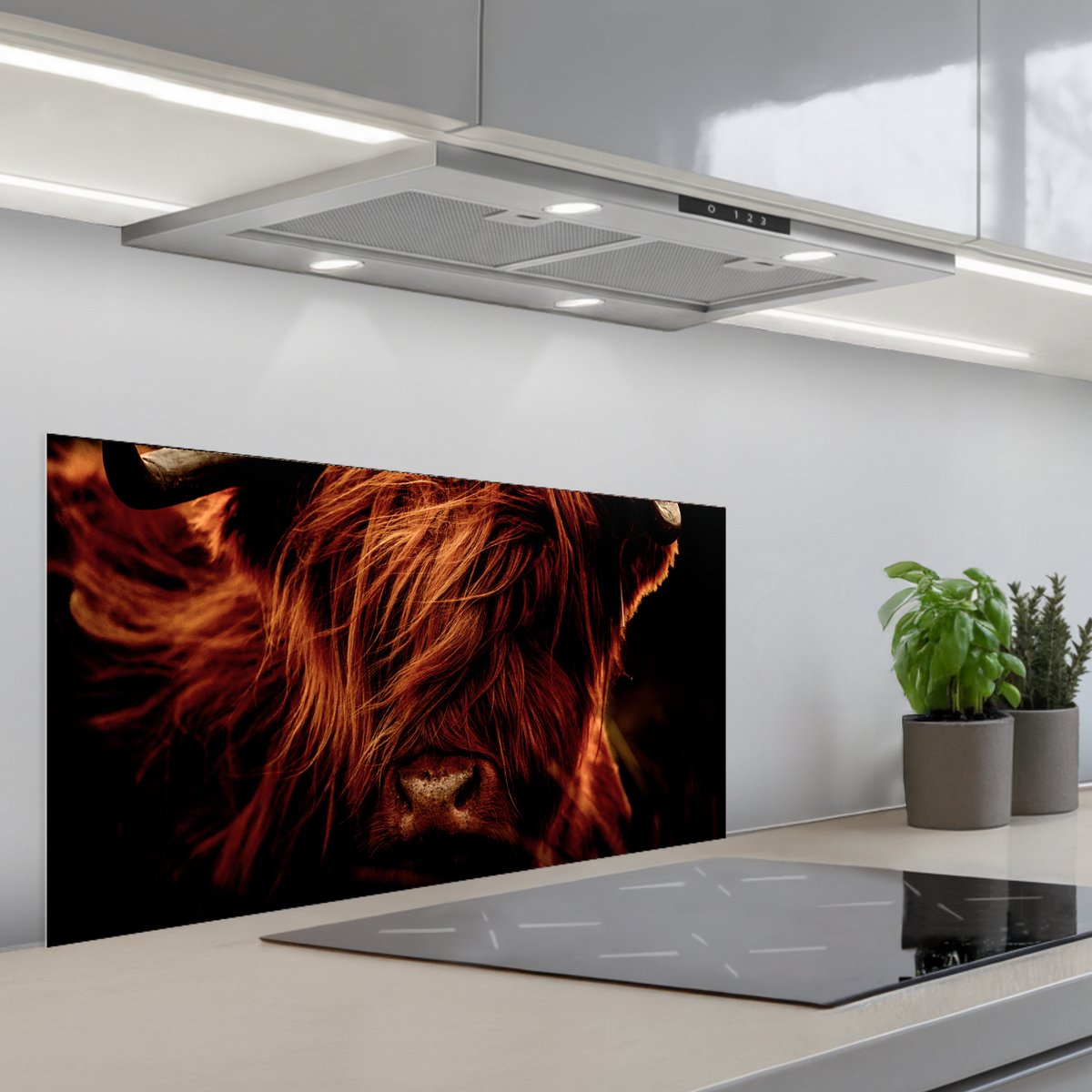 KitchenYeah Spatscherm 80x40 cm Zelfklevende achterwand Schotse hooglander Koe Hoorns Portret Dieren Keuken muurbeschermer Spatwand fornuis