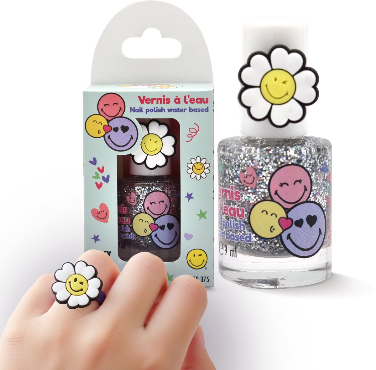 Smiley Nagellak met glitters- Afwasbaar - Waterbasis - 9ml