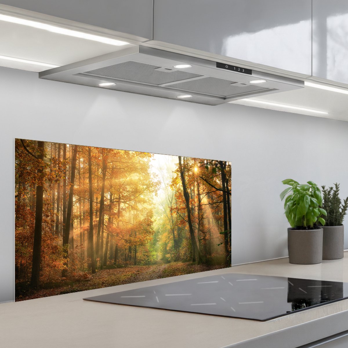 KitchenYeah Spatscherm 80x40 cm Zelfklevende achterwand Bos Herfst Zon Landschap Natuur Bomen Bladeren Keuken muurbeschermer Spatwand fornuis