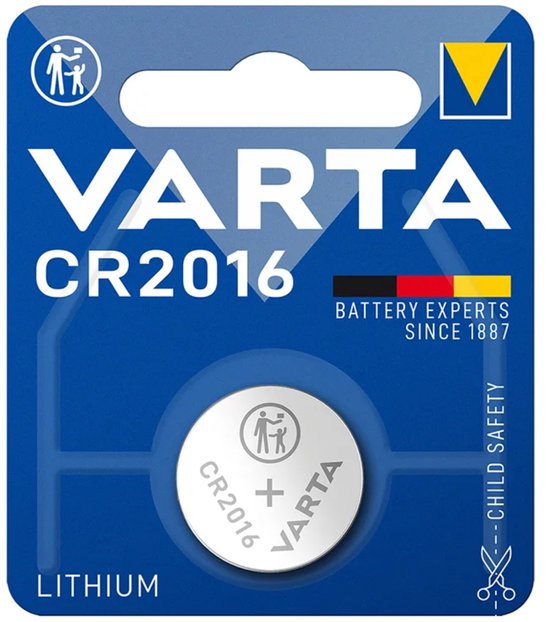 Varta CR2016 lithium knoopcel batterij in blauwe verpakking met kinderveiligheidssymbool.