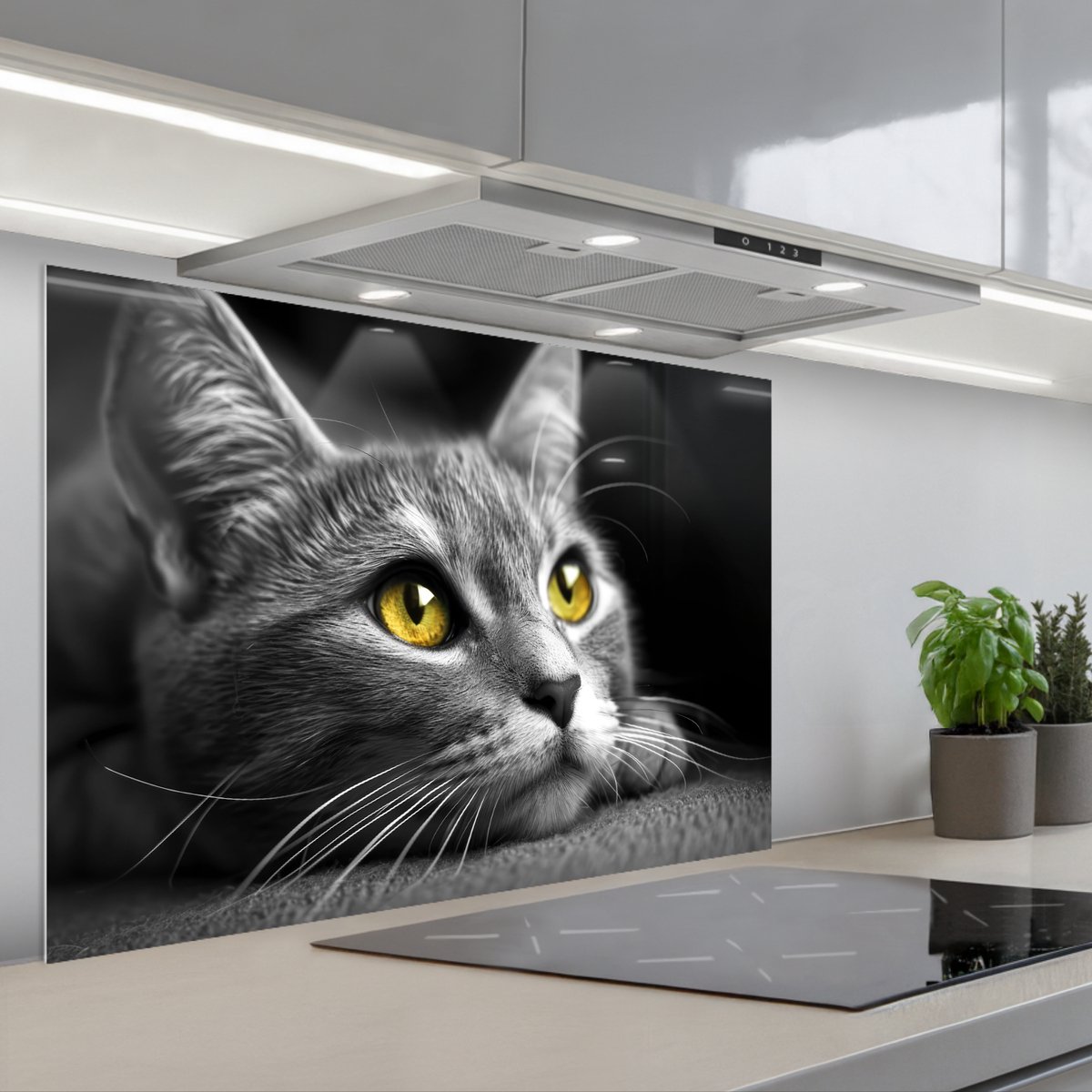 KitchenYeah Spatscherm 90x60 cm Zelfklevende achterwand Kat Zwart Wit Dieren Natuur Keuken muurbeschermer Spatwand fornuis