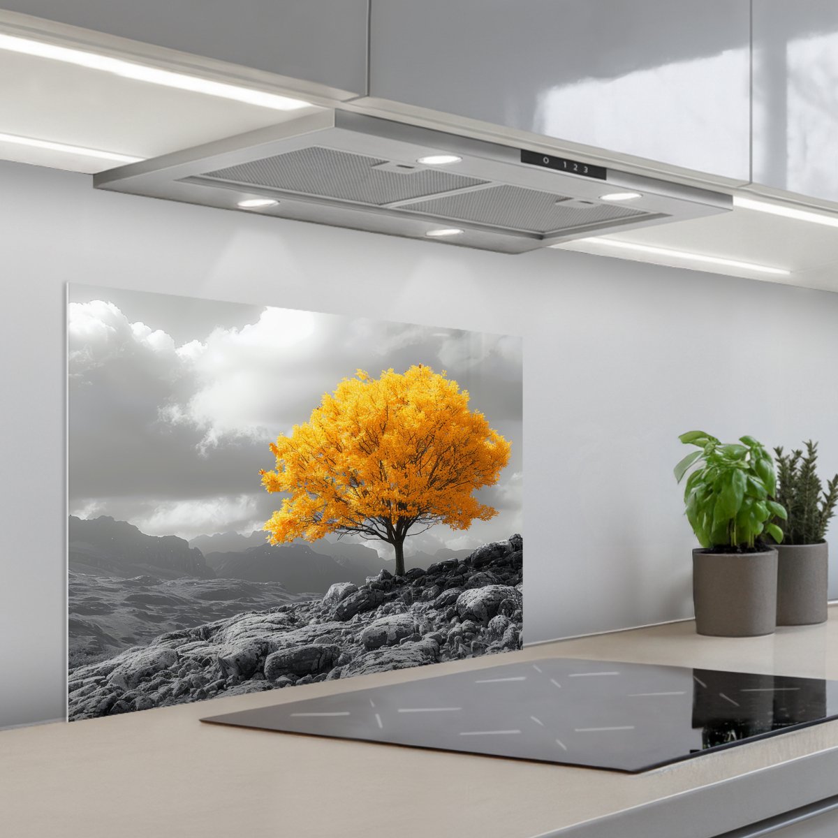 Spatscherm 70x55 cm - Zelfklevende achterwand Boom - Geel - Natuur - Zwart wit - Keuken muurbeschermer - Spatwand fornuis