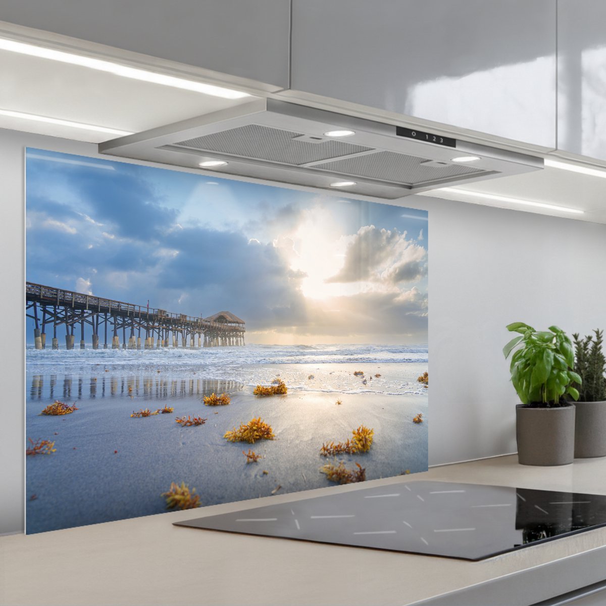 KitchenYeah Spatscherm 90x60 cm Zelfklevende achterwand Strand Pier Zeewier Zee Zomer Keuken muurbeschermer Spatwand fornuis