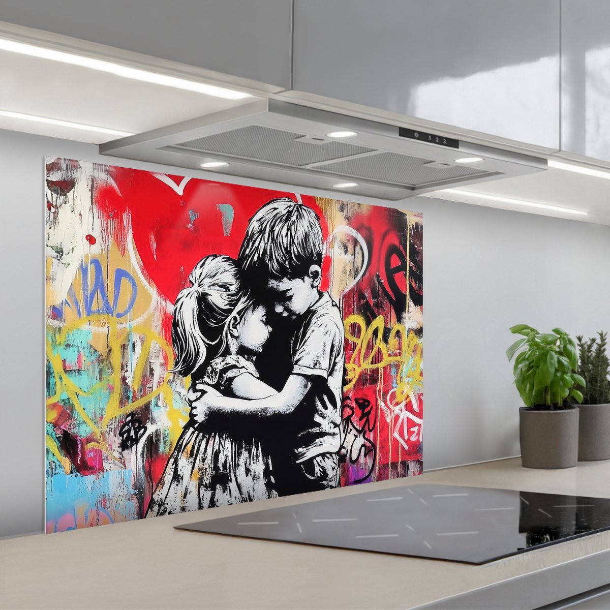 KitchenYeah Spatscherm 80x60 cm Zelfklevende achterwand Graffiti Zwart wit Street art Keuken muurbeschermer Spatwand fornuis