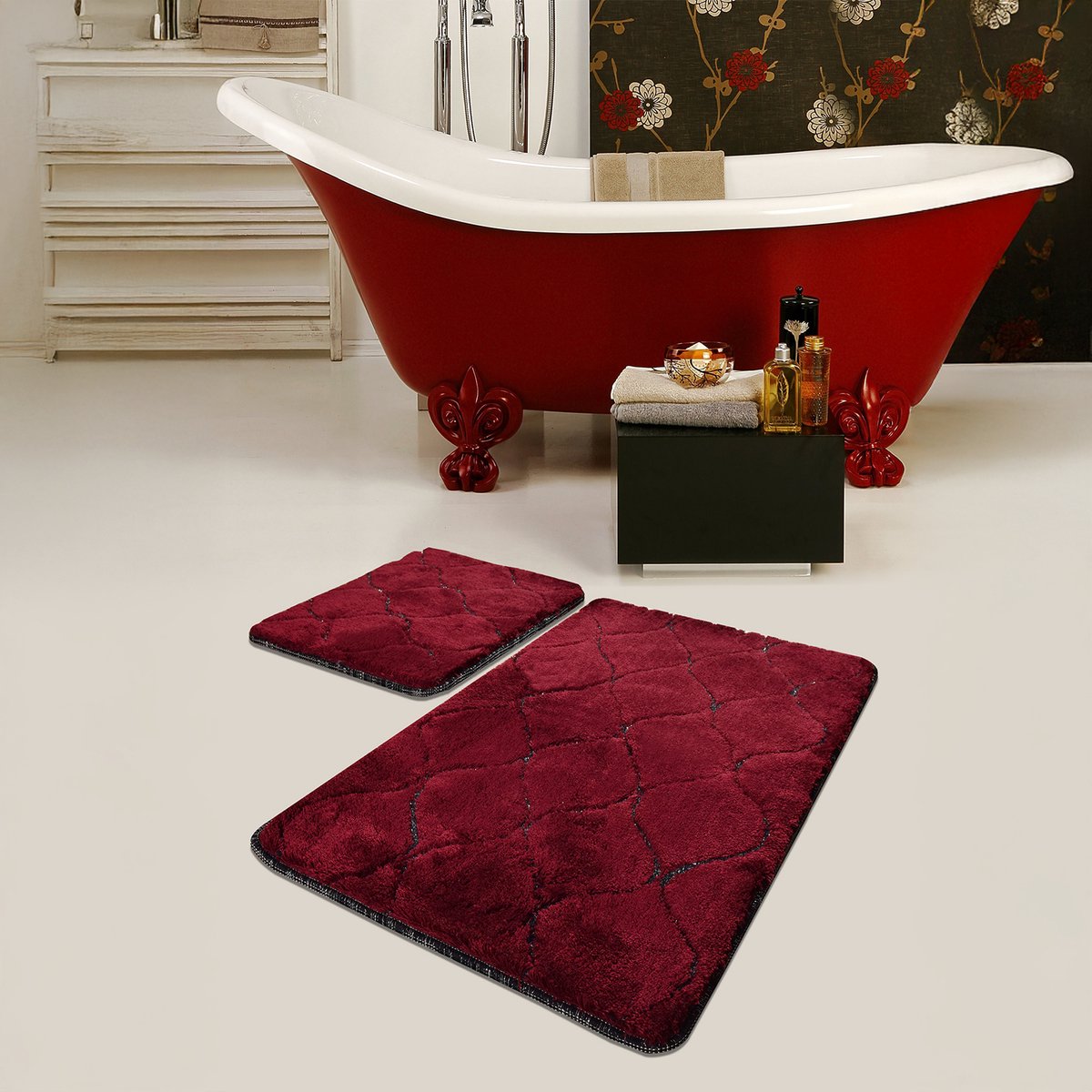 Bosdela Set van 2 badkamermatten 60 x 100 cm + 50 x 60 cm badkamermatten, wasbaar, zacht en comfortabel – toiletmat + badmat – ideaal voor badkamer en toilet, met bordeaux