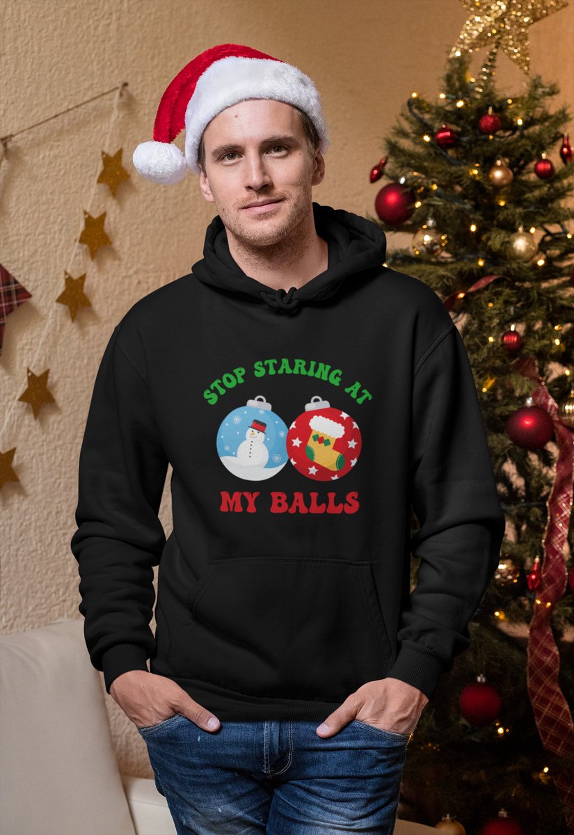 Stop Staring At My Balls - Kersttrui - Kerst Trui Zwart - Grappig Kersttrui - Maat L - Limited Edition