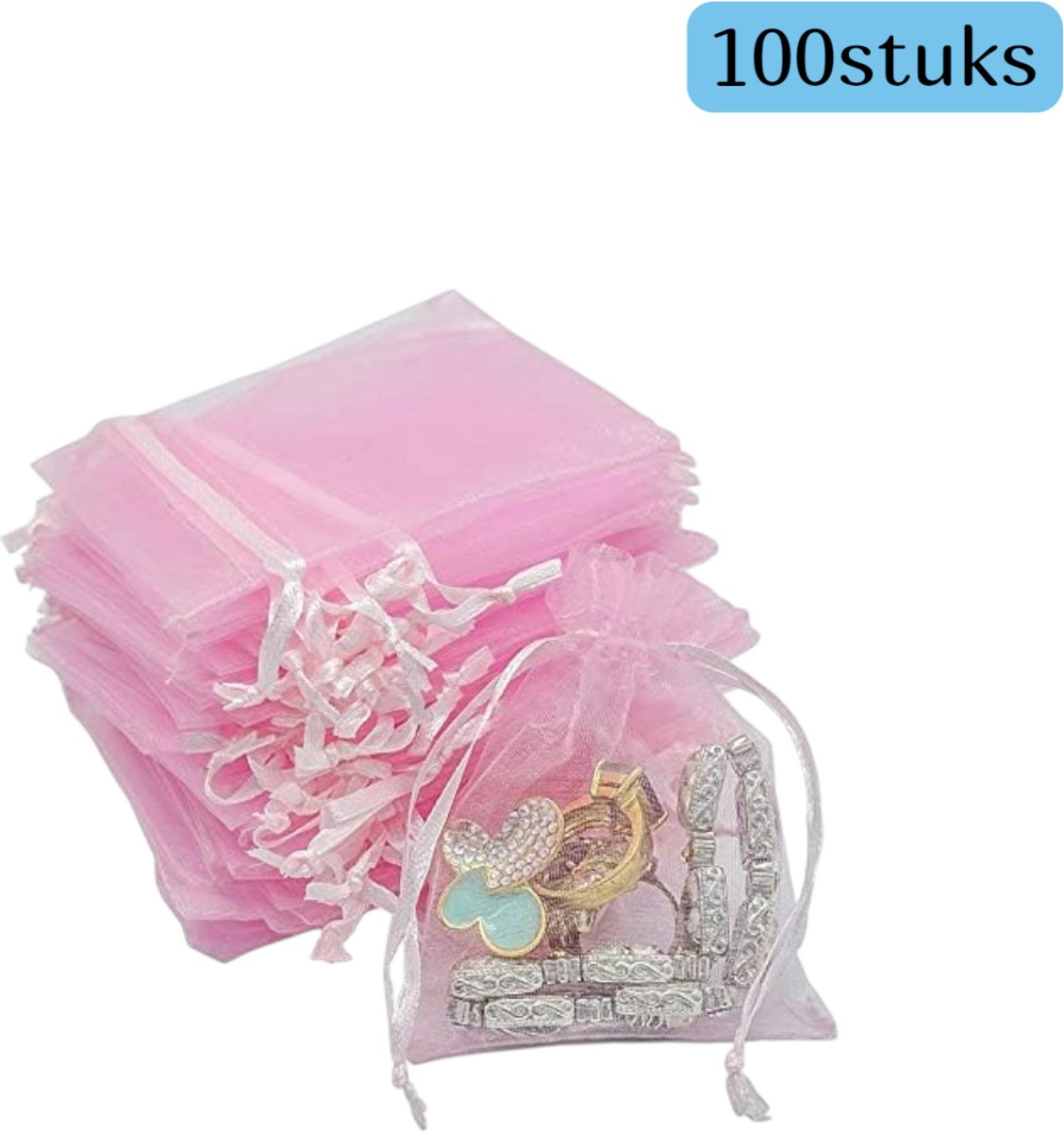 100 stuks - Organza cadeauzakjes - Zakjes met trekkoord - Transparant - Met trekkoordsluiting - Geschikt voor sieraden, snoepgoed, kleine cadeautjes, bruiloftsfavors, enz. - Opbergzakjes van gaas - 8 x 10 cm - Roze