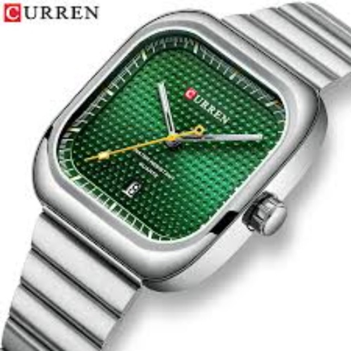 CURREN Horloge 8460 - Zilverkleurig-Groen - Heren - Quartz - Vierkante Kast - Kalender - Stalen Band - Modern en Uniek