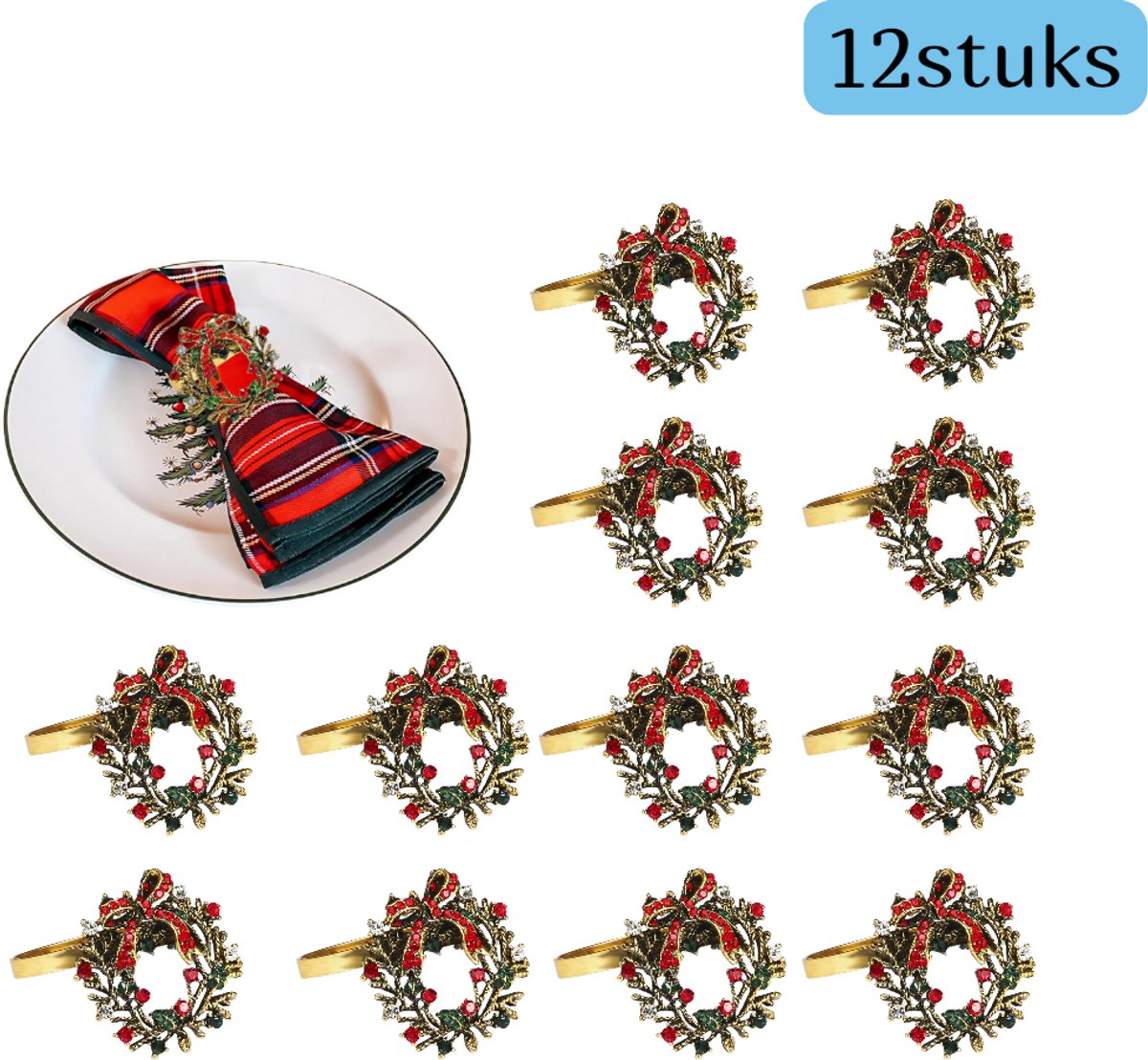 12 stuks - Kerstversieringen - Servetringen - Metaal - Kerstkransen - Geschikt voor feestelijke en alledaagse tafels - Geschikt voor stoffen servetten - Geschikt voor Kerstmis - Rood