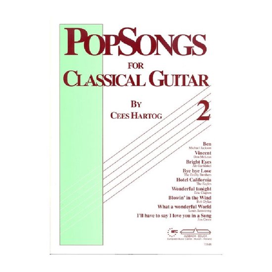 Popsongs voor Klassiek Gitaar 2 bladmuziek met een groene strook aan de linkerkant en titels van liedjes aan de rechterkant.