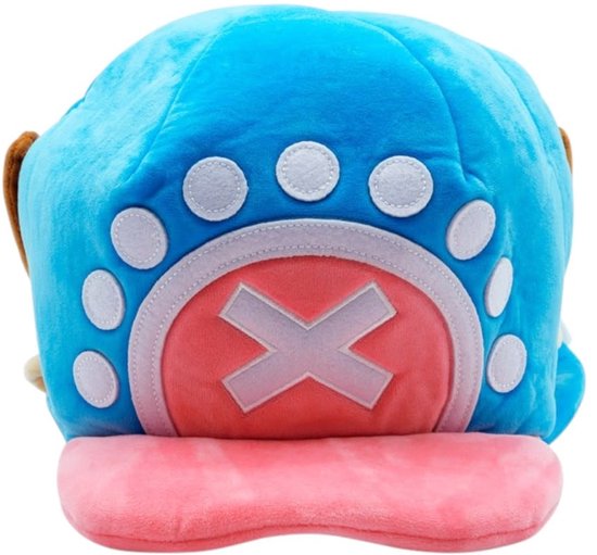 Blauwe pluche hoed met roze rand en details van Tony Chopper uit One Piece.