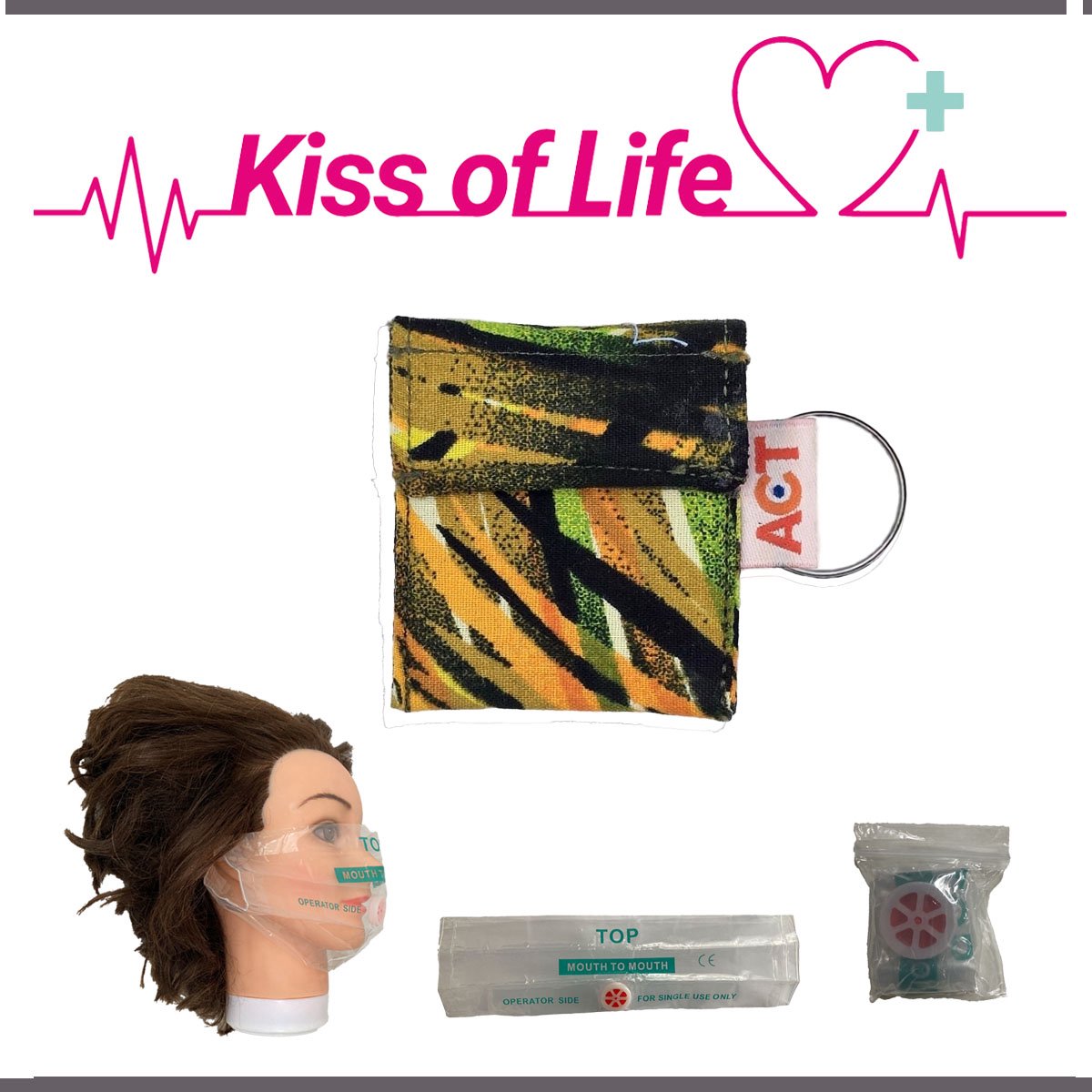 Kiss of Life Sleutelhanger | Reanimatiemasker, Beademingsmasker, CPR masker | Geel - Groen Zwart - Oranje | Handgemaakt, Uniek | Steun het goede doel