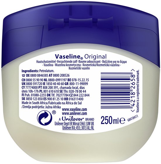 Achterkant van Vaseline Original Protecting Jelly pot met ingrediëntenlijst en streepjescode. 250ml.