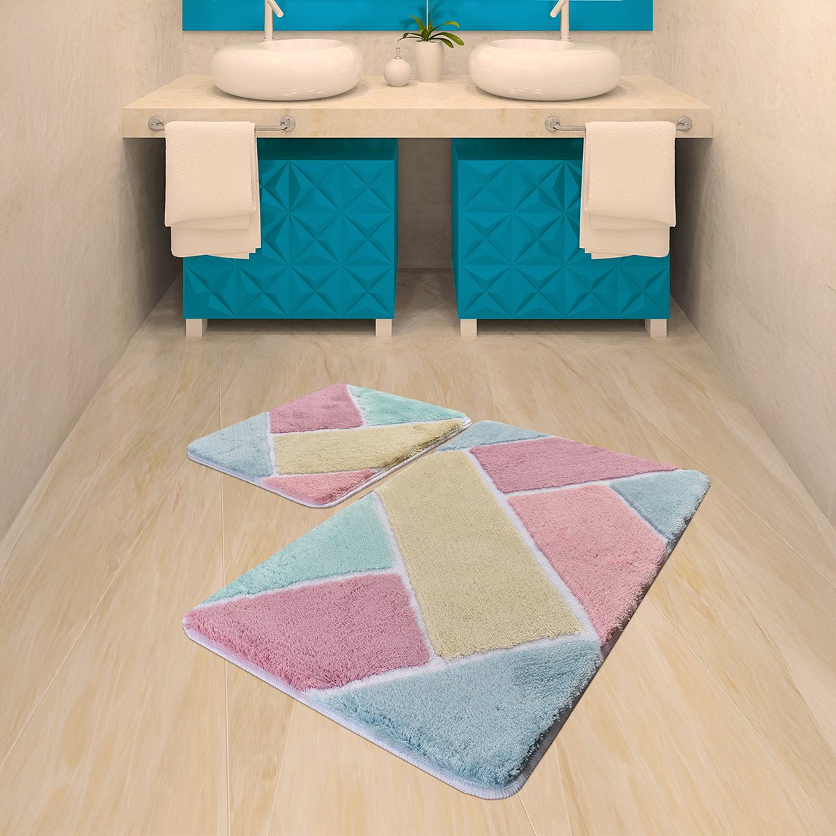 Bosdela Set van 2 badkamermatten 60 x 100 cm + 50 x 60 cm badkamermatten, wasbaar, zacht en comfortabel – toiletmat + badmat – ideaal voor badkamer en toilet, met kleurrijk