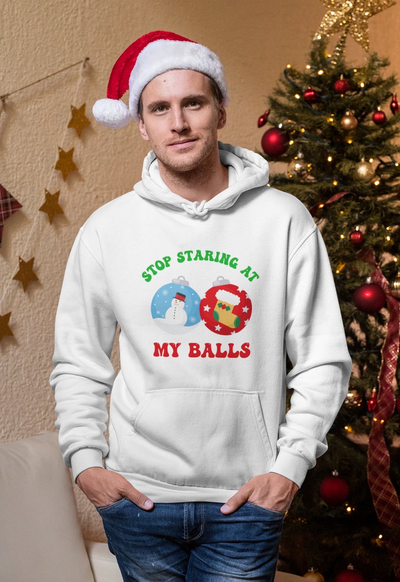 Stop Staring At My Balls - Kersttrui - Kerst Trui Wit - Grappig Kersttrui - Maat L - Limited Edition