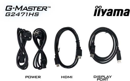 Stroomkabel, HDMI-kabel en DisplayPort-kabel voor de iiyama G-MASTER G2471HS monitor.