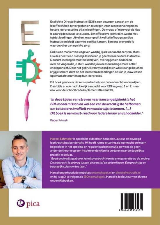 Boek 'Expliciete Directe Instructie' met illustraties van een boekrol, een dino en een pen. Foto van Marcel Schmeier.