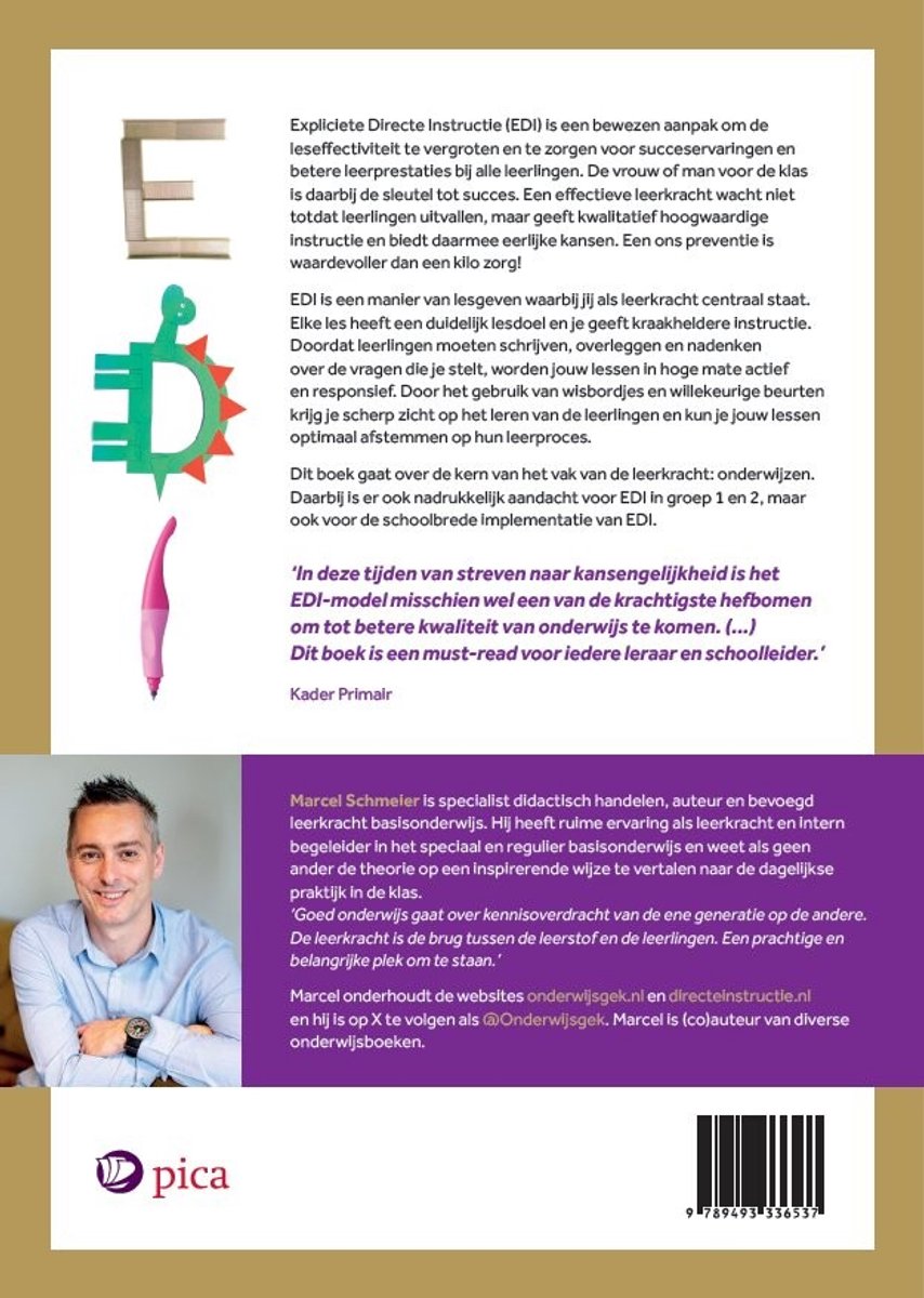 Boek 'Expliciete Directe Instructie' met illustraties van een boekrol, een dino en een pen. Foto van Marcel Schmeier.