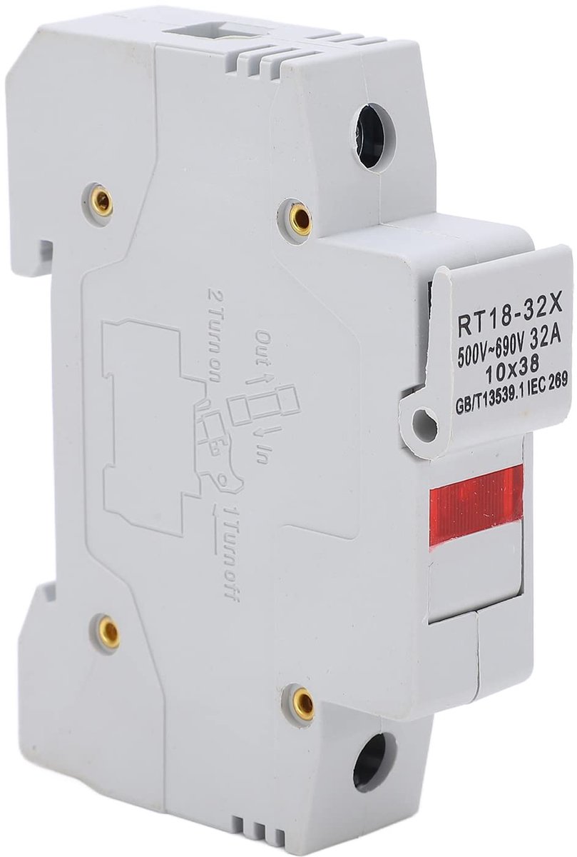 Fuse holder, mounted on base rail, 32 A AC 500-690 V RT18-32X 1P/2P/3P fuse holder with indicator light for fuse core RO15 10 x 38 mm (1P)