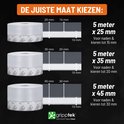 Illustratie met drie maten GrippTek tochtstrips: 5m x 25mm (tot 15mm), 5m x 35mm (tot 20mm) en 5m x 45mm (tot 30mm).