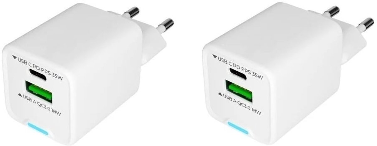 2 stuks OneOne 35W super snellader met 2 poorten. USB C en USB A. GAN Quick Charge lader. PD PPS oplader adapter past op Poco X3 Pro, Poco X5, X5 Pro, Poco X6, X6 Neo, X6 Pro, Poco X7, X7 Pro, Turbo 3, Poco Turbo 4, Poco Pad, Poco M7 Pro, Xiaomi