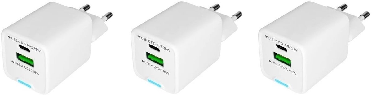 3 stuks OneOne 35W super snellader met 2 poorten. USB C en USB A. GAN Quick Charge lader. PD PPS oplader adapter past op Google Pixel 7, 7 Pro, 8, 8a, 8 Pro, 9, 9 Pro, 9 Pro XL, 9 Fold, 10, 10 Pro, 10 Pro XL, 10 Fold, C, XL