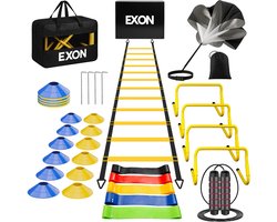 Exon Voetbal Trainingsmateriaal – Voetbal Spullen Training – Sport Spullen – Voetbal Training Artikelen – Bevat Agility Ladder – Voetbal Pionnen – Verstelbare Hordes – Springtouw – Sprint Parachute – Weerstandsbanden