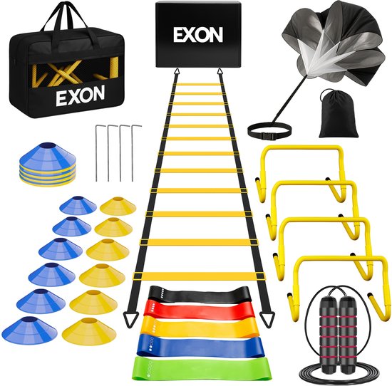 Exon Voetbal Trainingsmateriaal – Voetbal Spullen Training – Sport Spullen – Voetbal Training Artikelen – Bevat Agility Ladder – Voetbal Pionnen – Verstelbare Hordes – Springtouw – Sprint Parachute – Weerstandsbanden