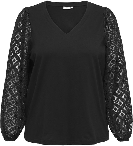 Blouse noire à col en V et manches ballon longues en dentelle florale.