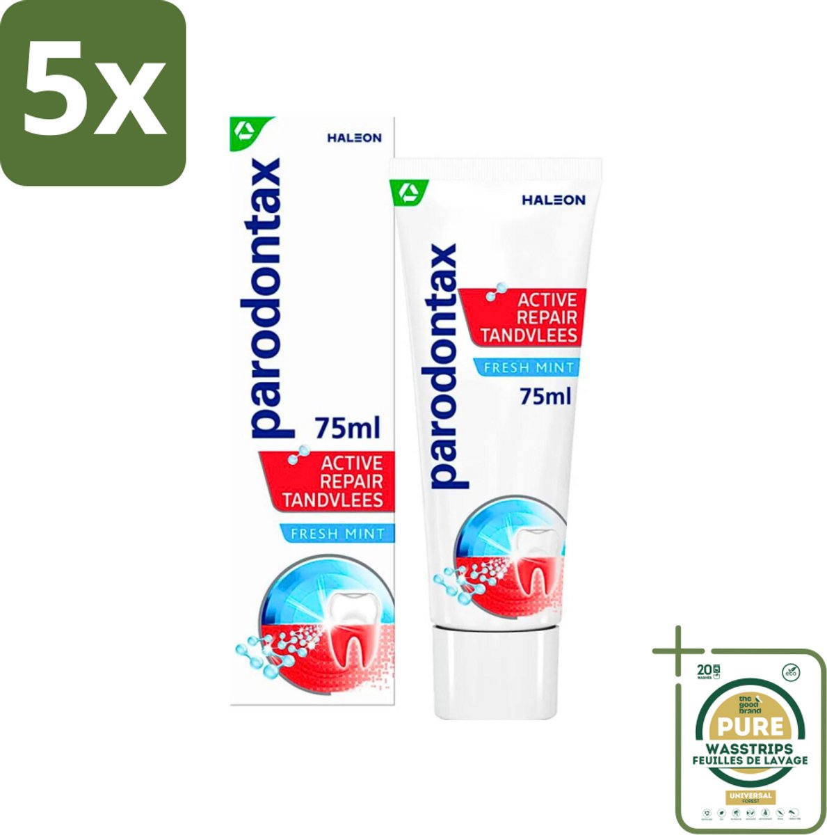 5 x Parodontax - Tandpasta - Active Repair Tandvlees - Fresh Mint - 75 ml - Grootverpakking - Tandvlees Herstel - Bloedend Tandvlees - Gezwollen Tandvlees - Tandplak Verwijderen - Fluoride Tandpasta