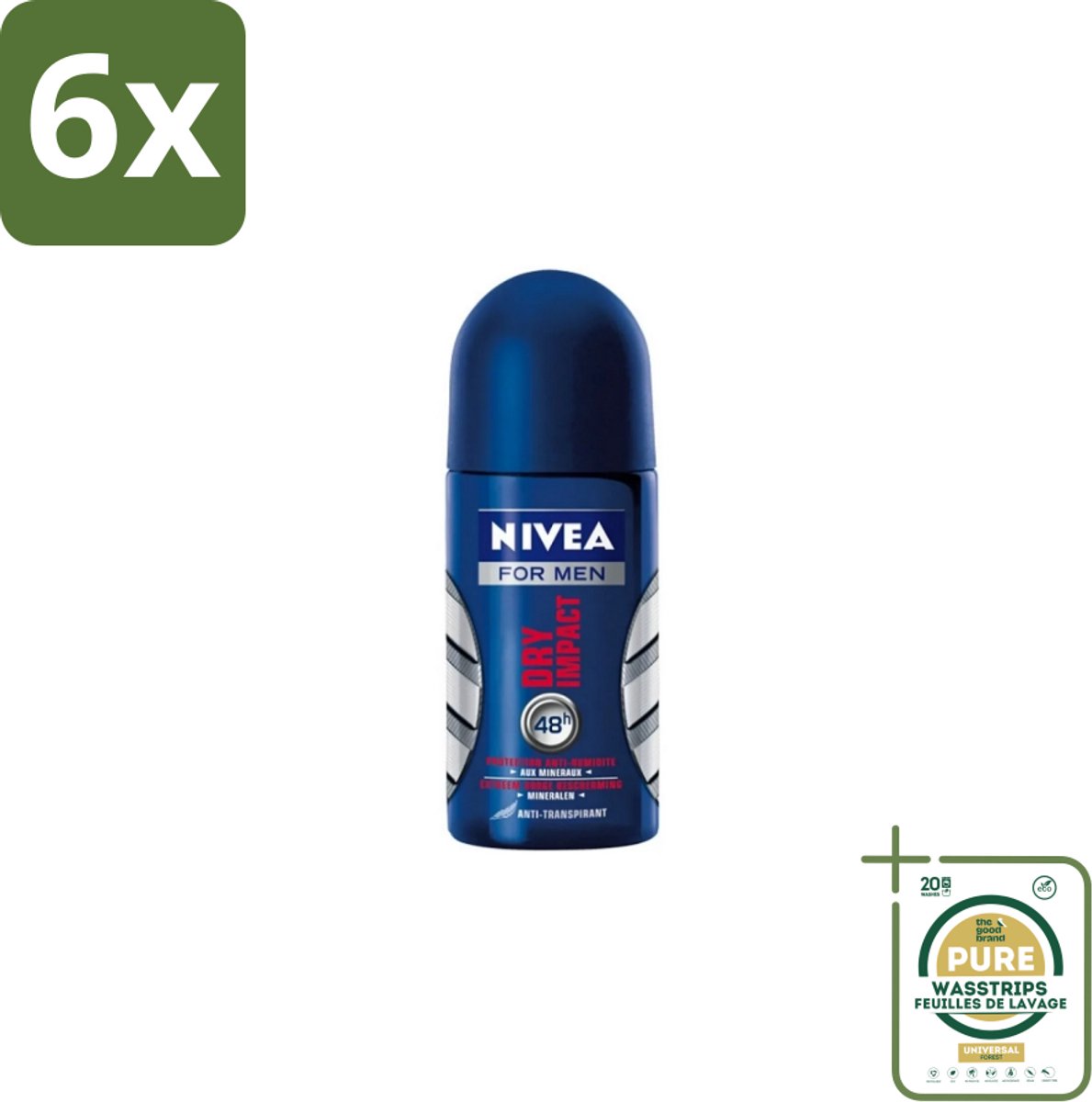 NIVEA MEN - Deodorant Roller - Dry Impact - 50 ml - Voordeelverpakking - 6 stuks - Geur - Zweet