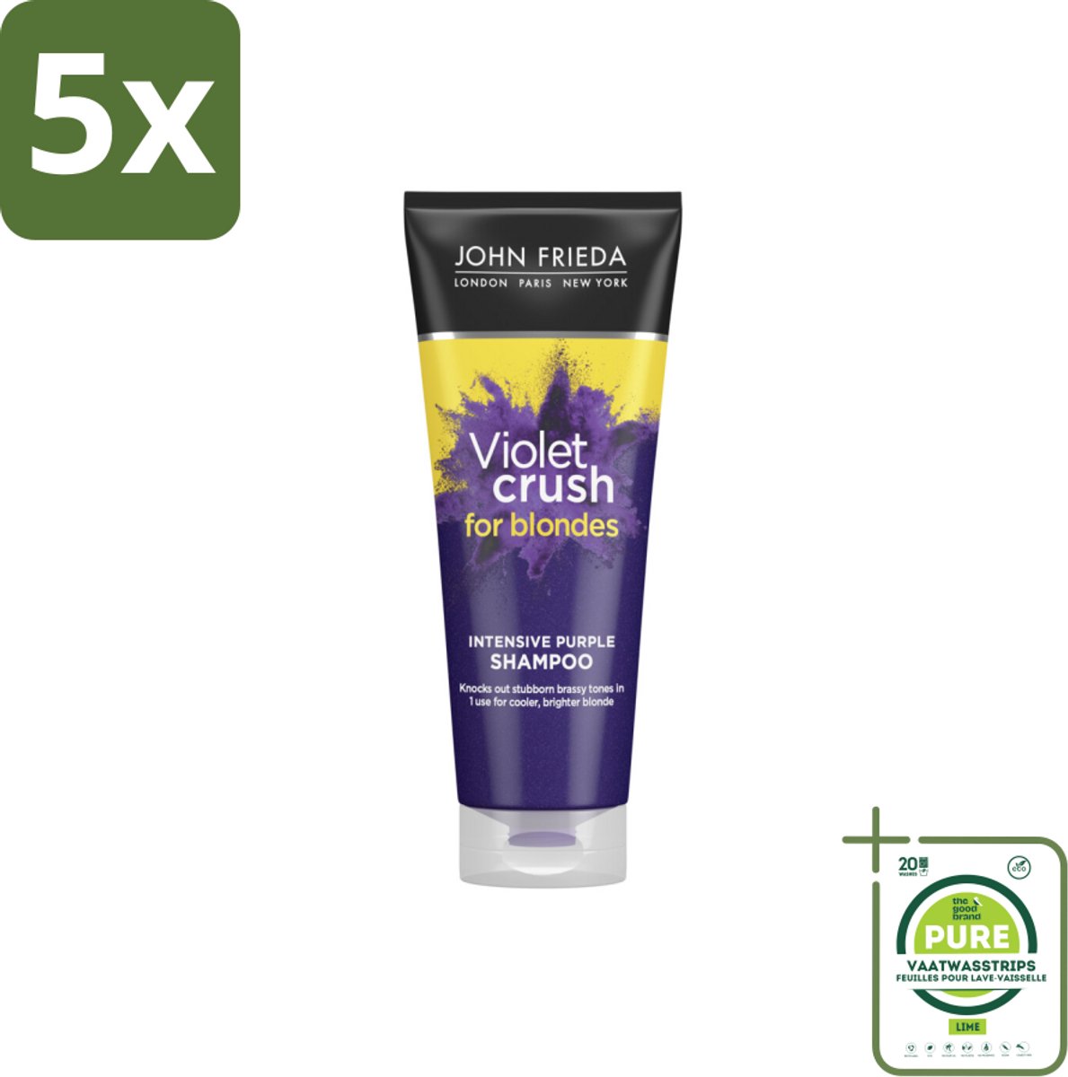 5 x John Frieda – Shampoo – Sheer Blonde Violet Crush Intensive Purple – Tegen gele ondertonen – 250 ml - Grootverpakking - Gele En Oranje Tonen Neutraliseren - Zilvershampoo - Platinum Finish - Kleurcorrectie - Blond Haar