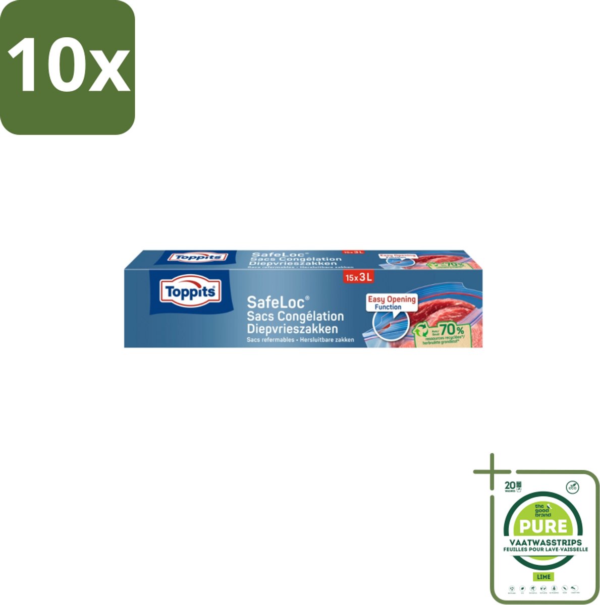 10 x Toppits – Safeloc Zip-Diepvrieszakken – 3 Liter – 15 Zakjes - Grootverpakking - Diepvrieszakken - Dubbele Sluiting - Voedselbescherming - Herbruikbaar - Milieuvriendelijk