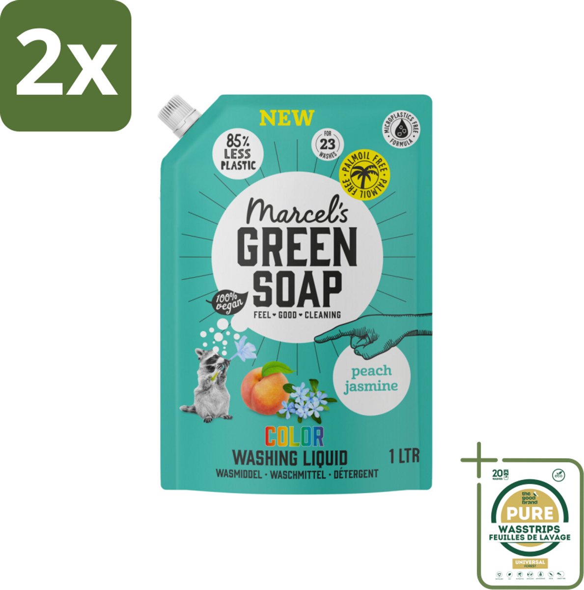 Marcel's Green Soap - Vloeibaar Wasmiddel - Kleur - Navulling - Perzik & Jasmijn - Effectief & natuurlijk - 23 Wasbeurten - 1 liter - Voordeelverpakking - 2 stuks - Wasmiddel navul - Ecologisch wasmiddel