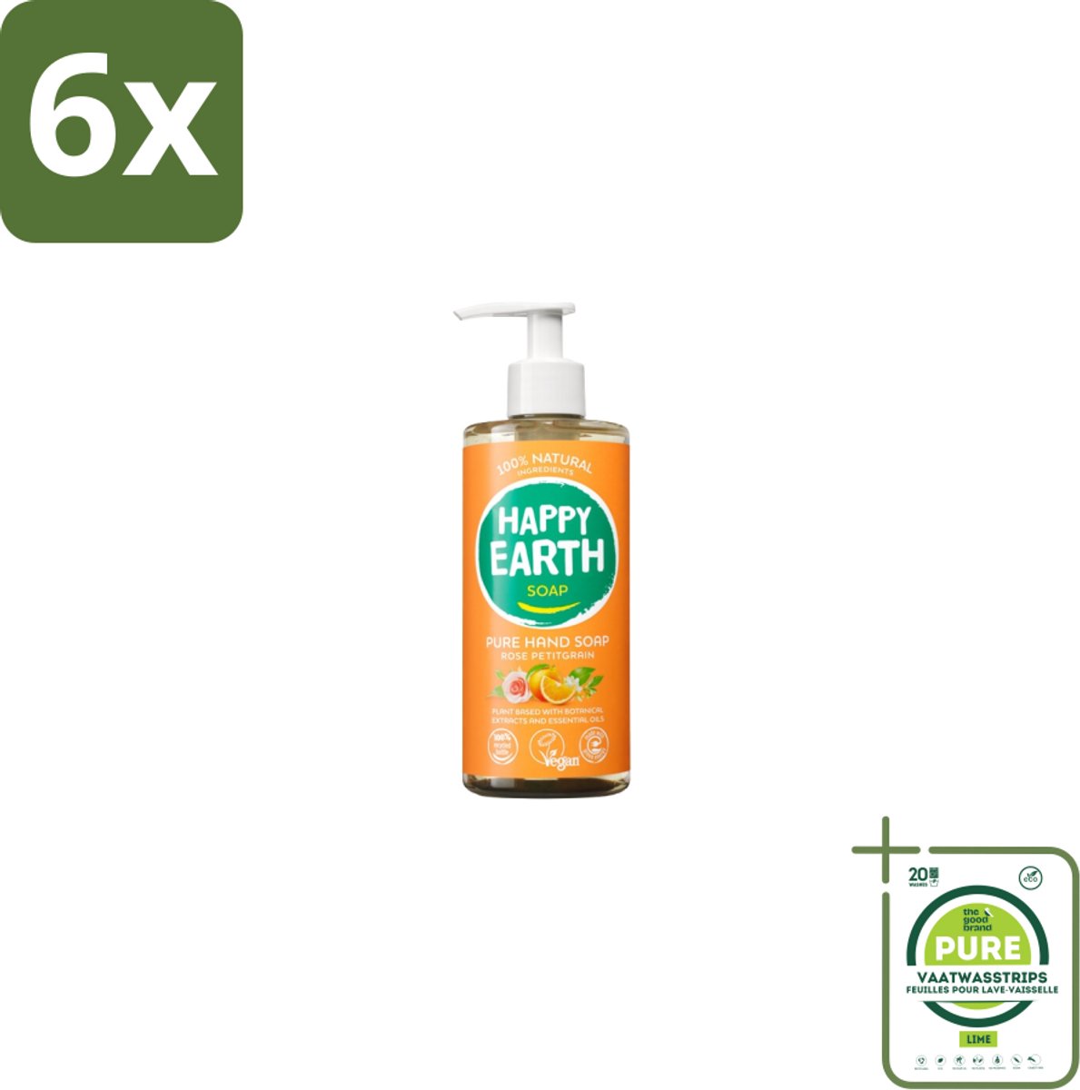 Happy Earth – Handzeep – 100% Natuurlijk Rose Petitgrain – 300 ml - Voordeelverpakking - 6 stuks - Natuurlijke handzeep - Vegan handzeep