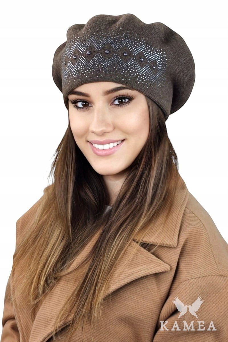 GINGER Wolvilten Baret Dames - Bruin met Sierstenen en Parels