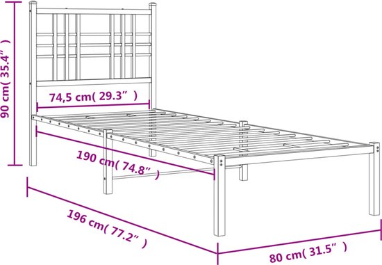 vidaXL - Bedframe - met - hoofdbord - zonder - matras - metaal - wit - 75x190 - cm