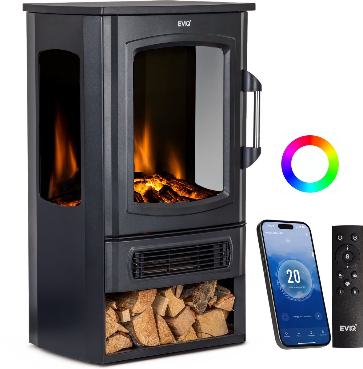 Bol.com EVIQ Toronto – Elektrische sfeerhaard – Haard met Verwarming – Elektrische Kachel Sfeerhaard – 3 zijdige Panorama Openha... aanbieding