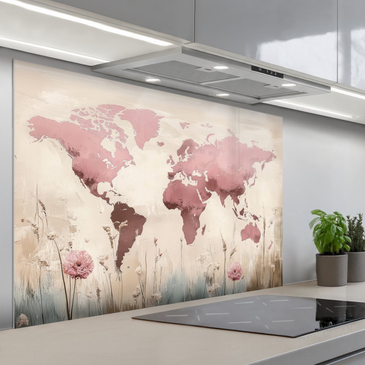 KitchenYeah Spatscherm 120x80 cm Zelfklevende achterwand Wereldkaart Roze Bloemen Keuken muurbeschermer Spatwand fornuis