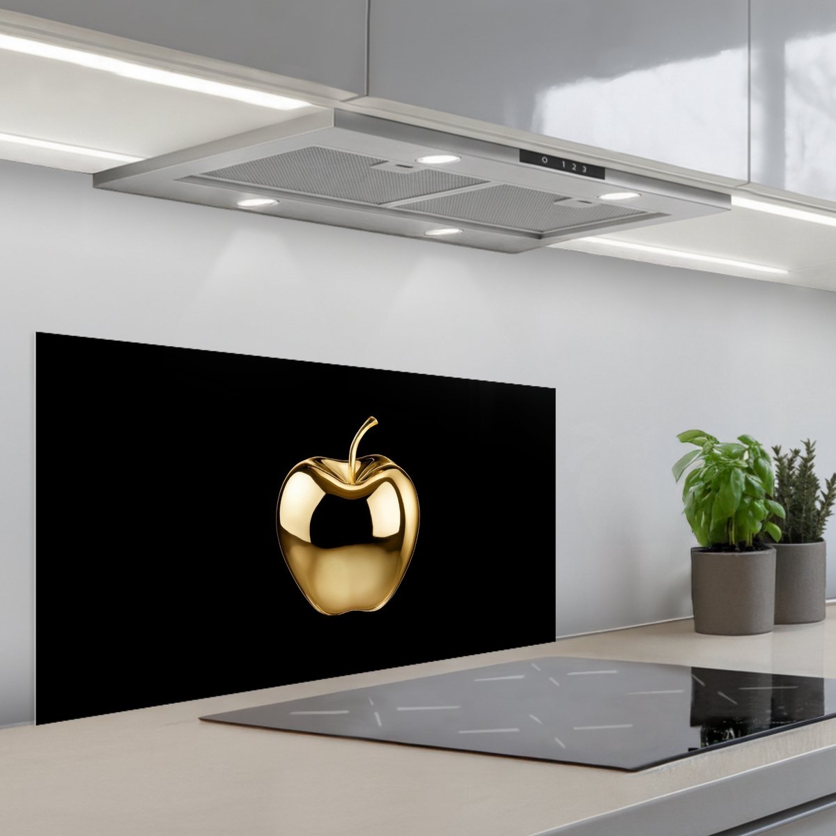 Spatscherm 90x45 cm - Zelfklevende achterwand Appel - Goud - Chrome - Zwart - Keuken muurbeschermer - Spatwand fornuis