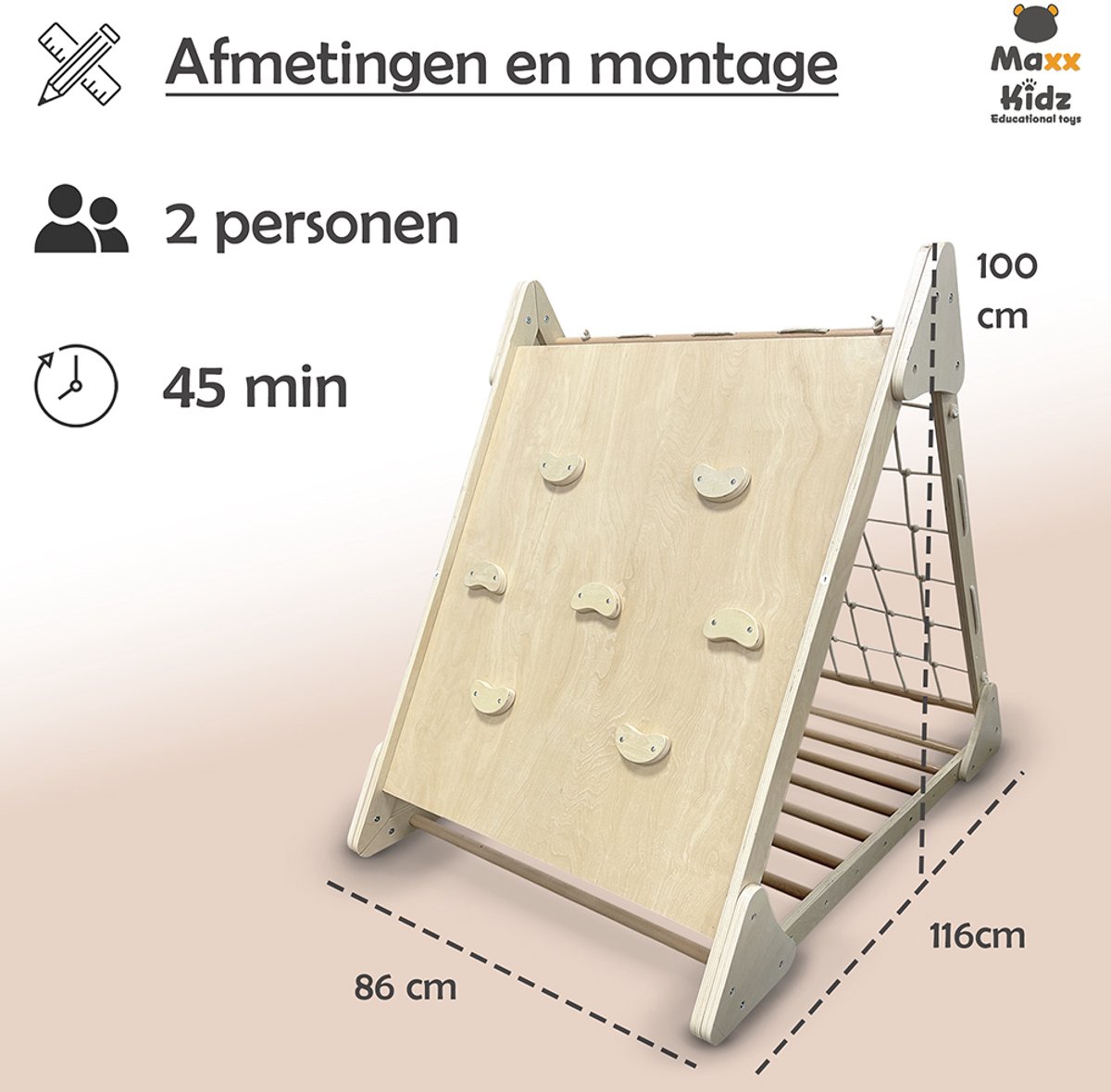 Maxx kidz - Houten Klimrek XL - Pikler Speeltoestel voor Binnen en Buiten - Klimdriehoek met 3 Verschillende Zijden - Hout Speelgoed — afbeelding 5