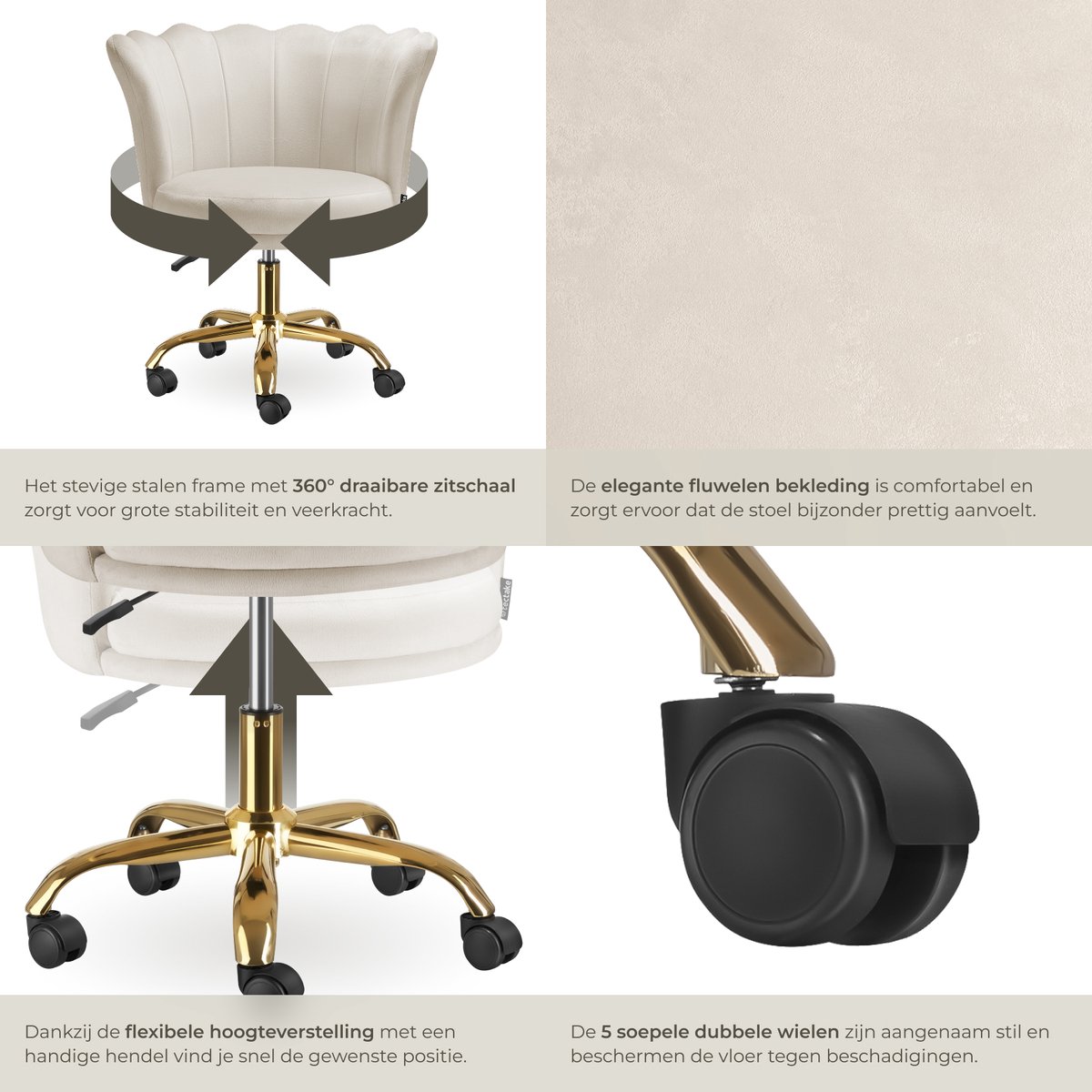 tectake® Bureaustoel - In hoogte verstelbaar draaifauteuil met fluwelen bekleding - Ergonomische schelpvorm - Stoel met wielen - Eetkamerstoel op wieltjes - 360° draaibaar - Bureau Stoel - Wit – foto 4