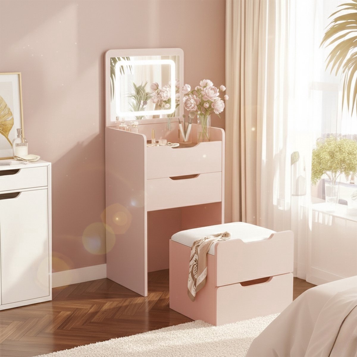MAZAZU - Kaptafel - LED Spiegel - Krukje – Compacte Make-up Tafel – Roze – 120x48x40 cm
